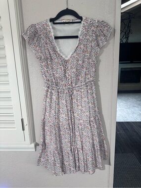 Indigo Rose White Floral Midi Dress with Tie Waist and Flutter Sleeves